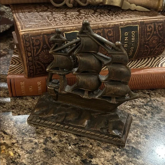 Vintage Brass Ship Bookend in Bronze Finish - Picture 2 of 6